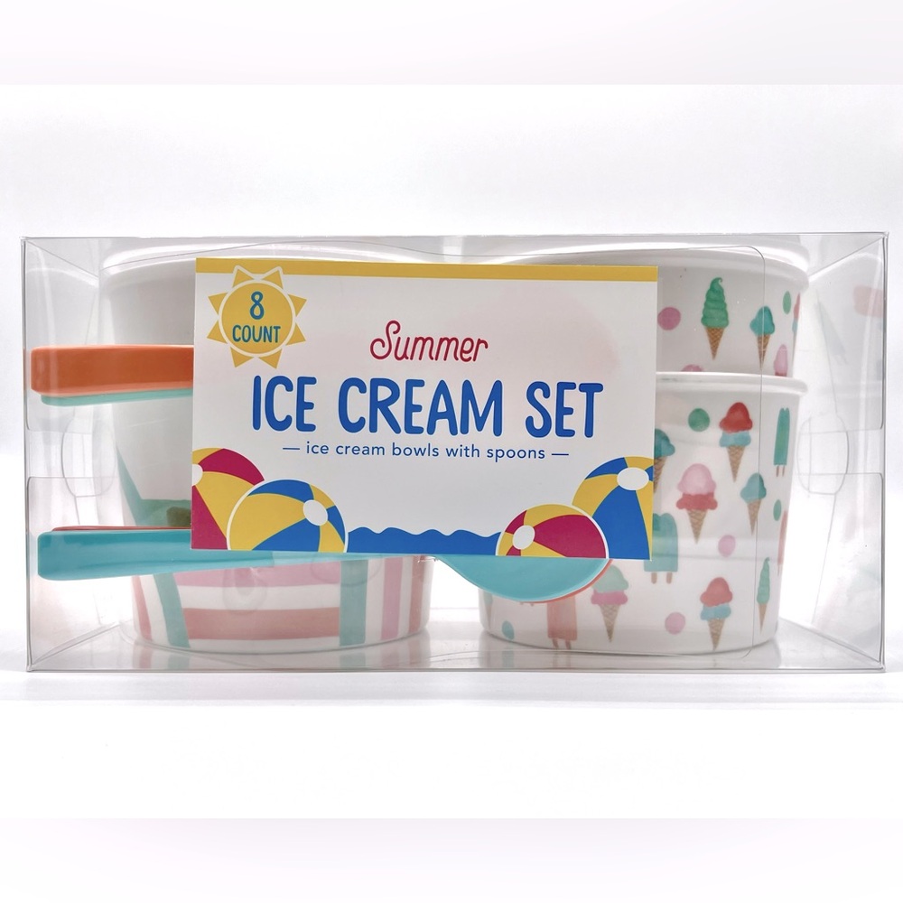 NIB Summer Ice Cream Set of 4 Bowls and Spoons